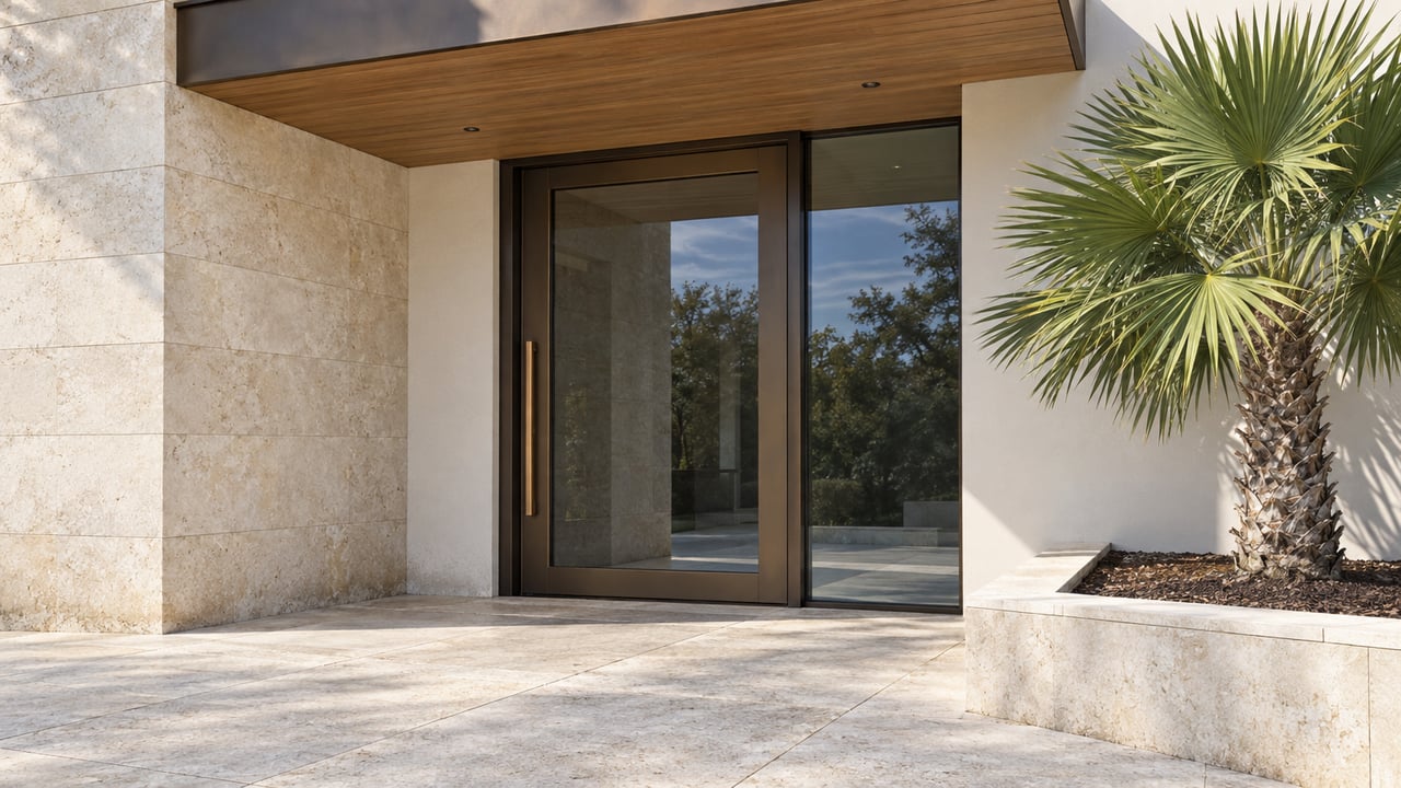 Low-angle view of a limestone residential entrance with a bronze-framed glass door, warm wood soffit and a single fan palm in a raised stone planter.
