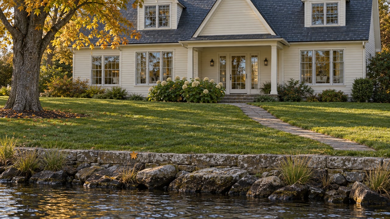 Cream clapboard house with slate gables beyond a sloping lawn and flagstone path, beside a stone-edged shoreline.