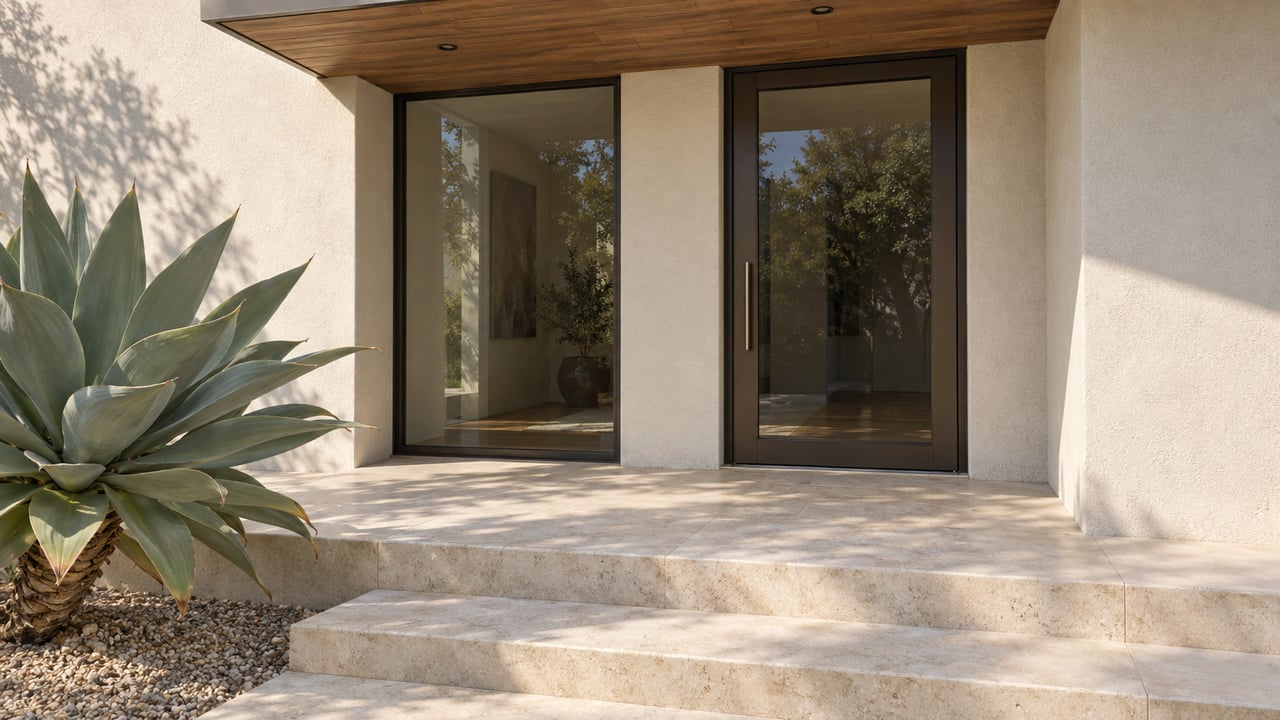 A contemporary home's recessed glass entrance beneath a teak soffit, with pale limestone steps and one sculptural agave in a gravel bed.
