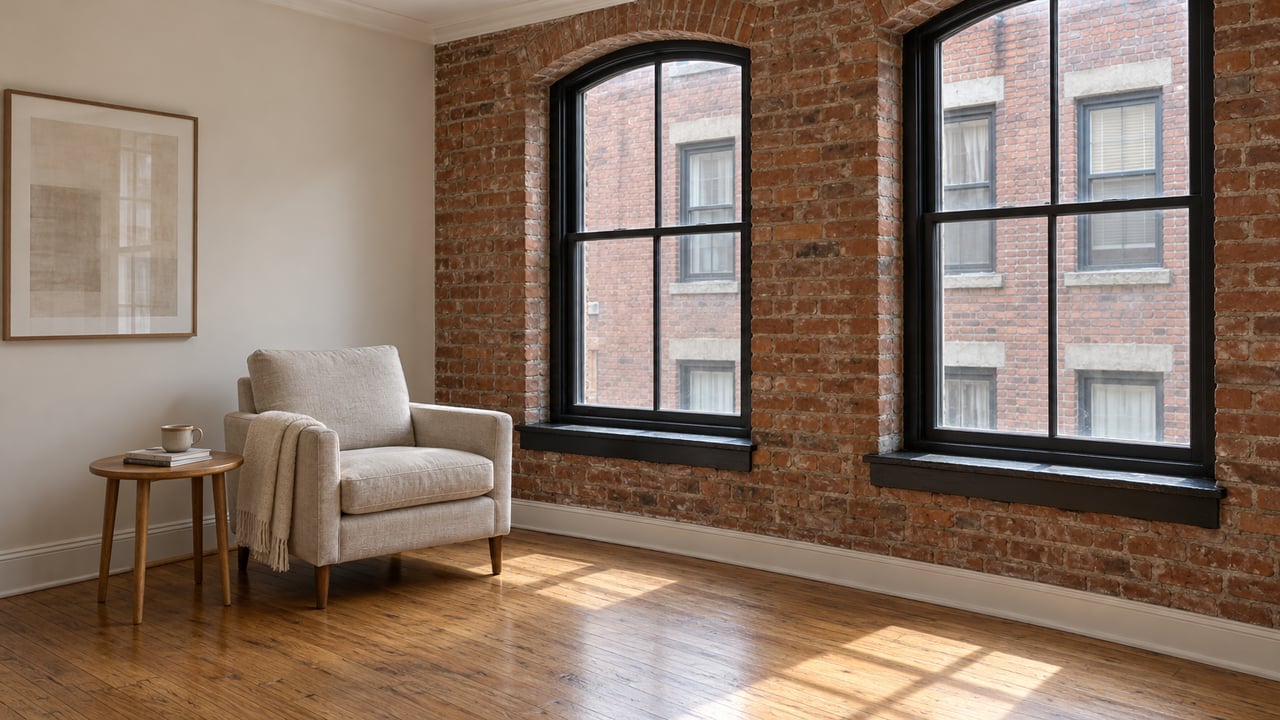 Daylit condominium living-room corner with aged brick, two arched windows, oak floors and a linen armchair.