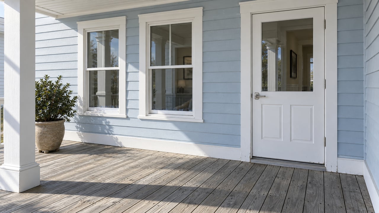 Sunlight crosses a weathered timber porch beside pale blue siding, white-framed windows and a glazed entry door, with one potted yaupon holly.