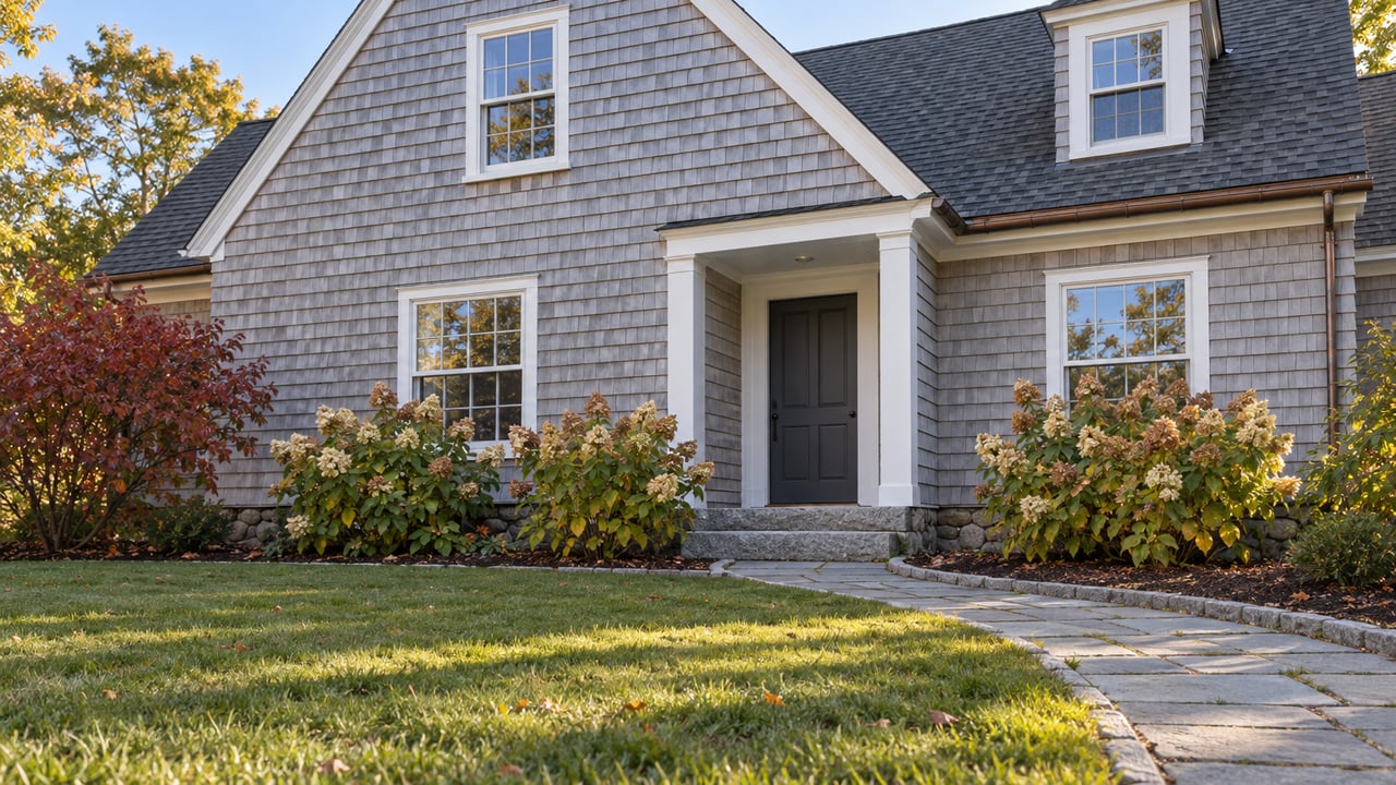 Gray-shingled house with a dark front door, hydrangeas, and a curved stone walkway.