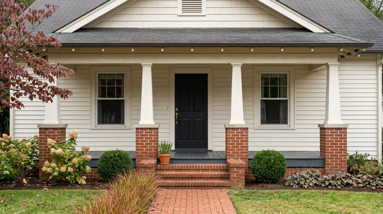 A bungalow porch with a centered black door, white columns, red-brick walk, and terracotta pot.