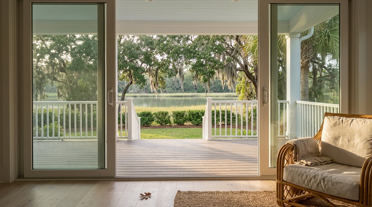 Open glass doors frame porch with rattan chair, marsh grass, still water, and moss-draped oaks.