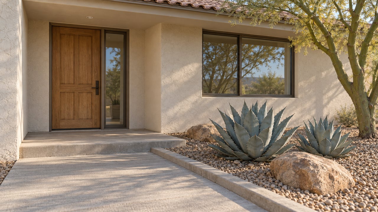 Covered stucco home entry with an oak door, bronze-framed windows, concrete walkway, blue-gray agaves, and a green-trunked tree in gravel planting.