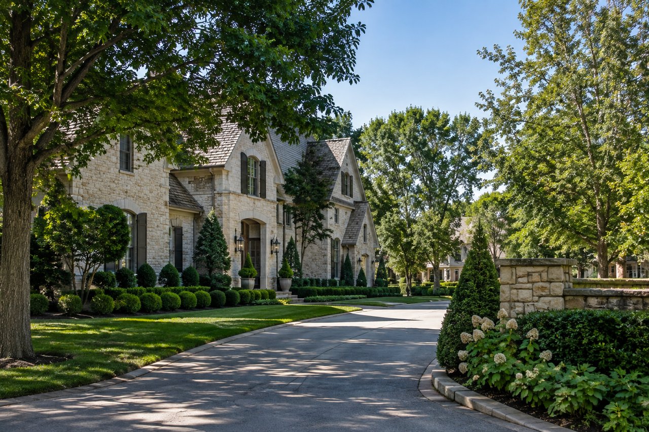 A luxury estate in Laurelbrooke, Brentwood, Tennessee, featuring elegant stone architecture, mature trees, manicured landscaping, and a sweeping driveway in one of Middle Tennessee's most prestigious gated neighborhoods.