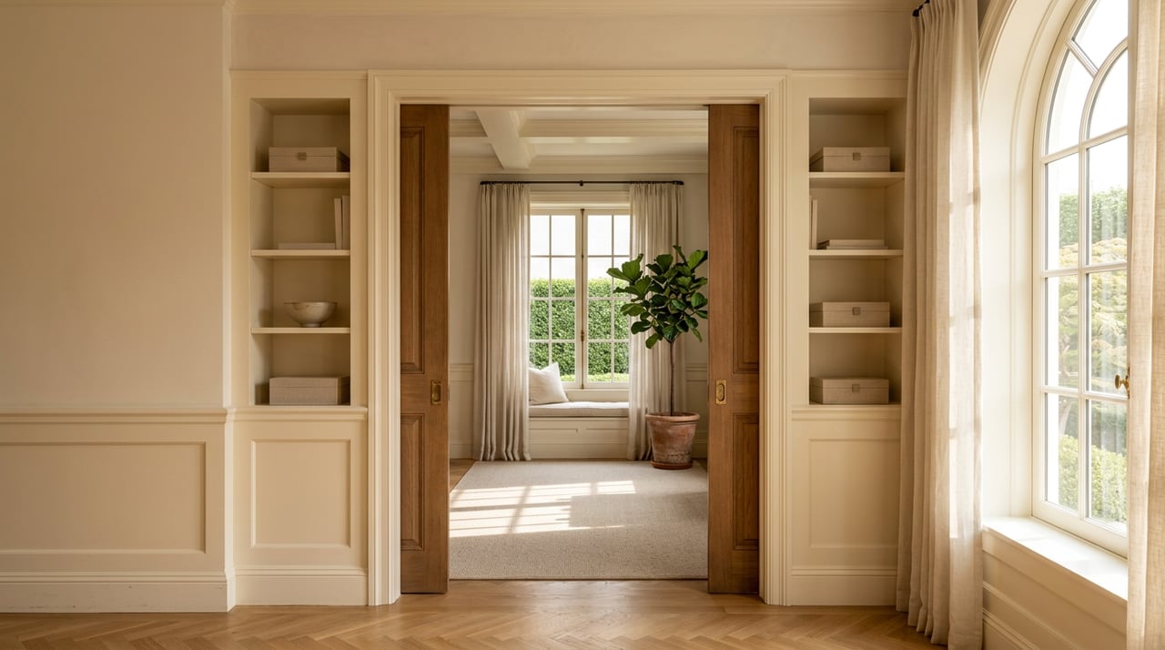 Open pocket doors frame a window nook with a linen seat, bookcases, and a potted fiddle-leaf fig.