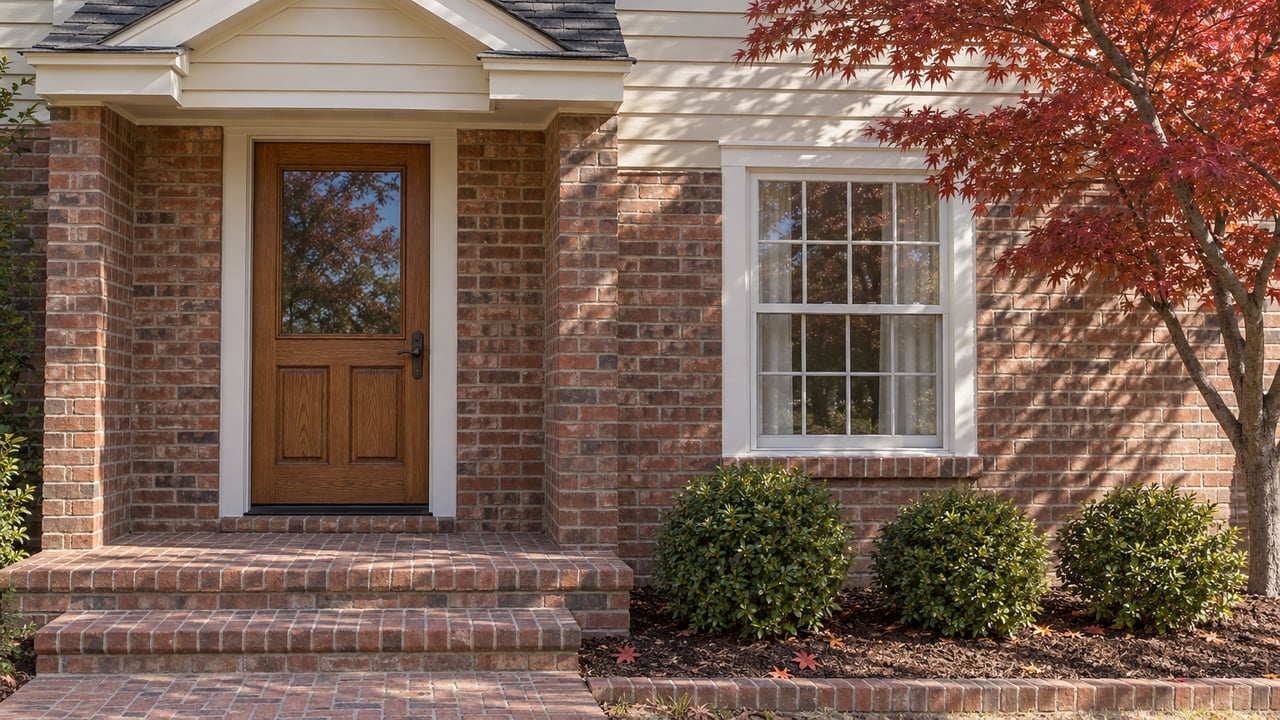 Sunlit brick entry of a cream-sided home beside a white-trimmed window and copper-red Japanese maple leaves.