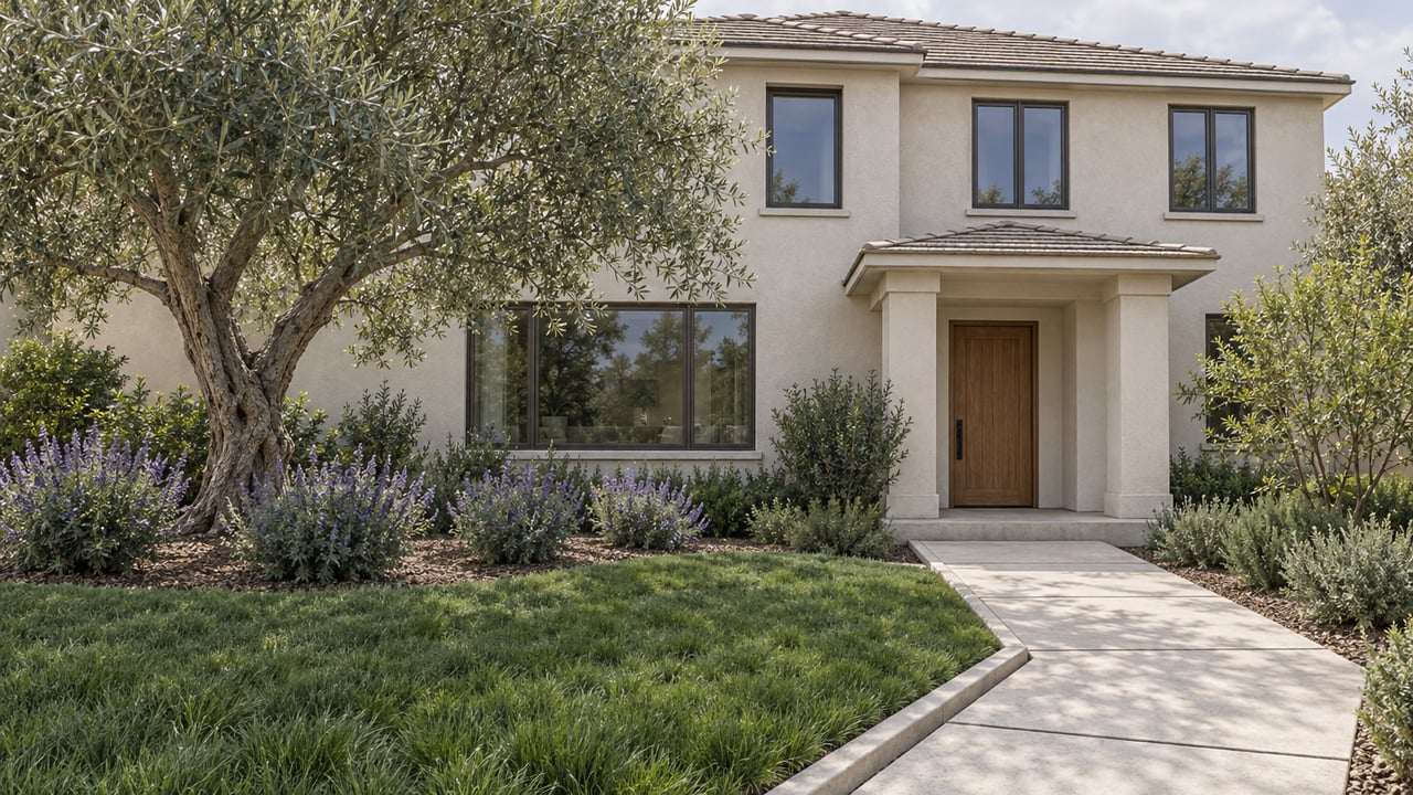 Elevated view across a sedge lawn and olive garden toward a light stucco home with a recessed oak entry and pale concrete approach.