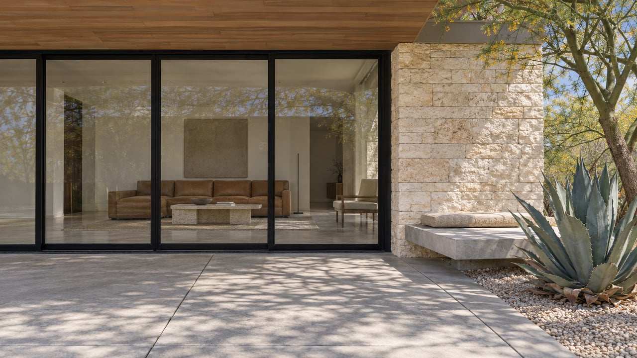 Shaded modern patio with wood soffit, black-framed glass doors, limestone pier, concrete bench, and sculptural dry-climate planting.