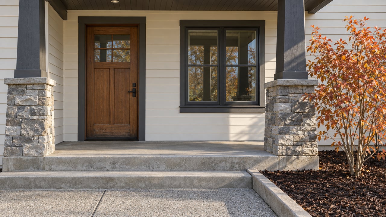 Autumn sunlight across a cream-sided home's recessed fir entry, stone porch supports and concrete approach beside an orange-leaved serviceberry.