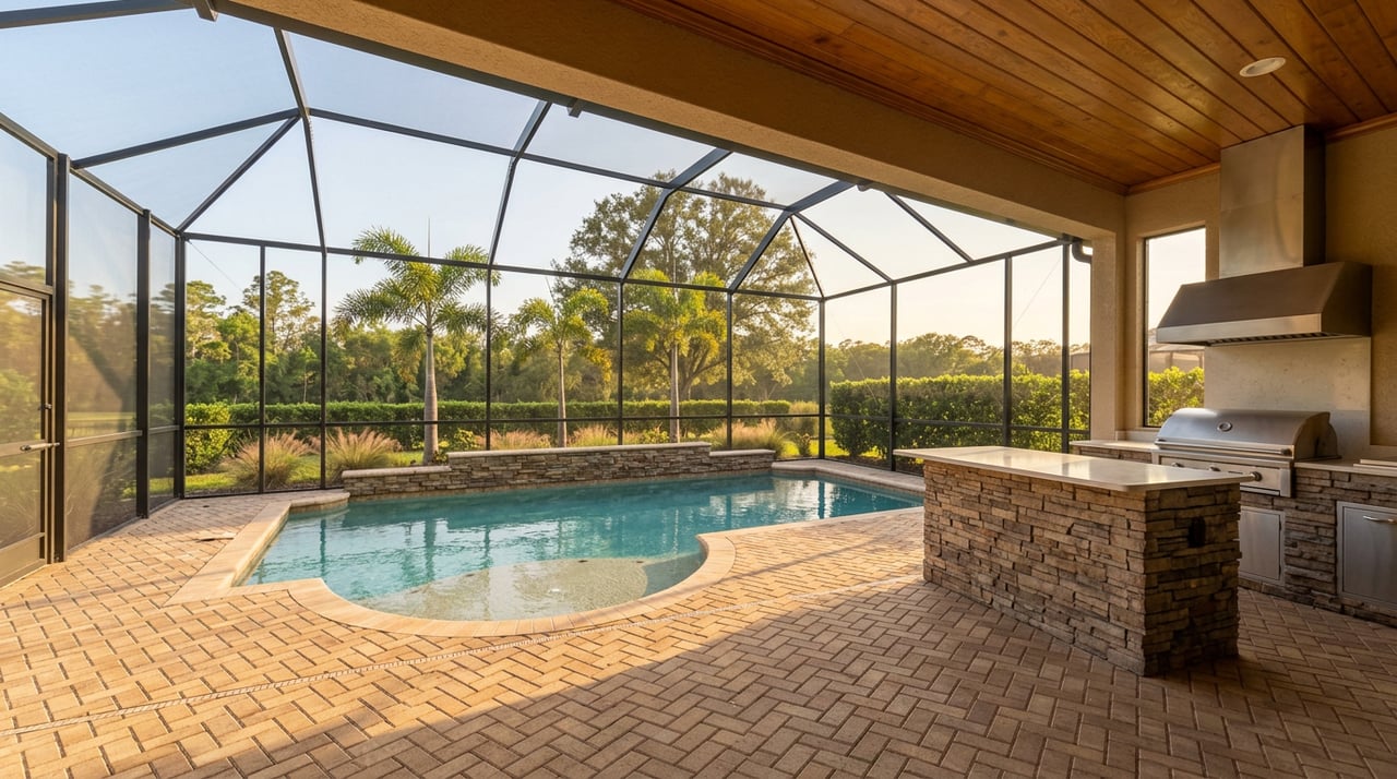 Screened lanai with a turquoise pool, curved sun shelf, stacked-stone outdoor kitchen, and royal palms beyond.