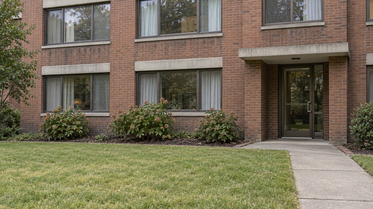 Red-brown brick apartment facade and recessed glass entrance overlooking a broad lawn beside a concrete courtyard walk.