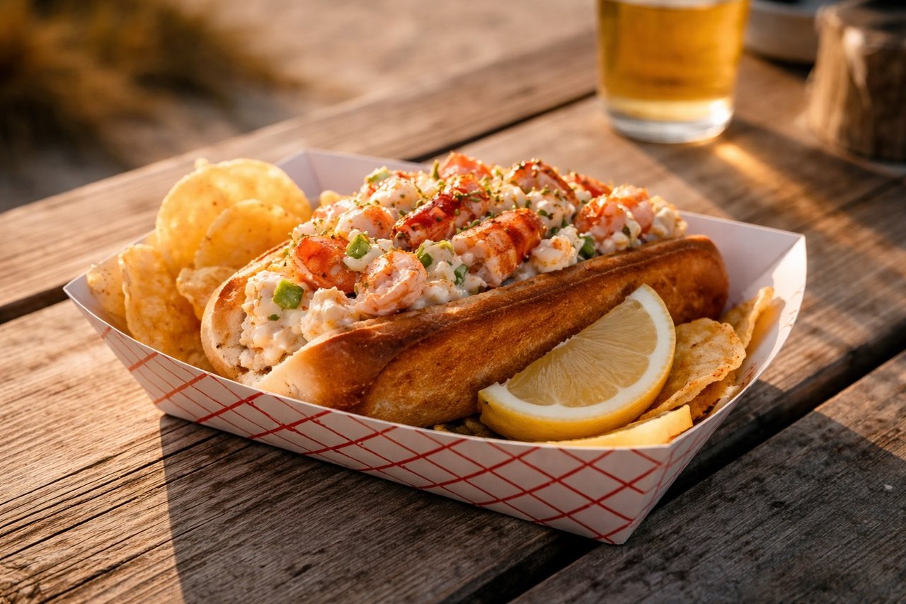 Fresh lobster roll in a toasted bun on an outdoor table