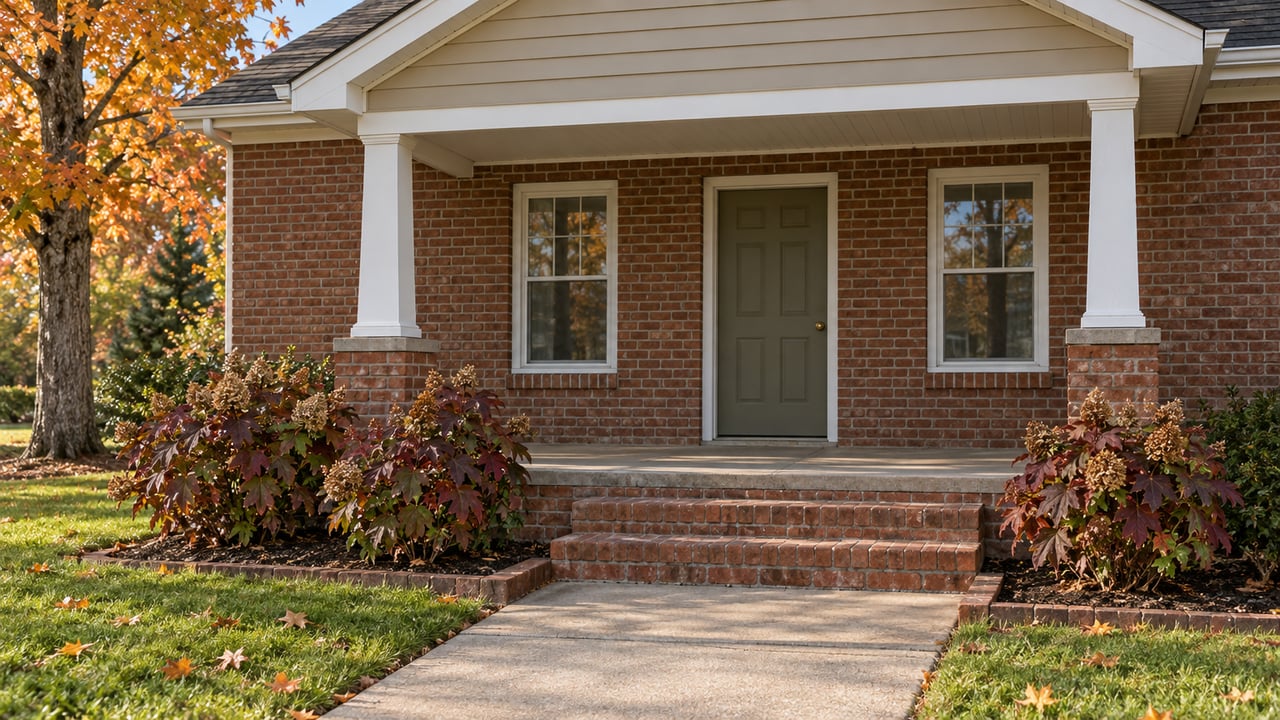 Brick home's covered front porch with an olive door, white trim, oakleaf hydrangeas and orange maple foliage.