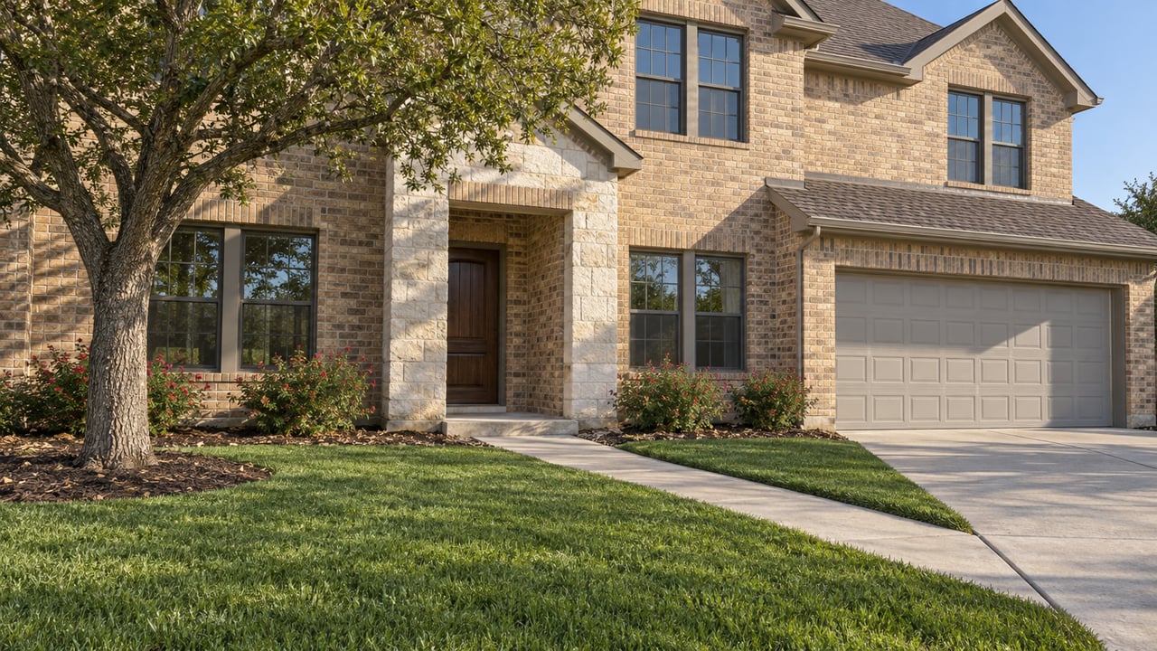Morning light on a two-story buff-brick home with a limestone entry, established oak, mown lawn, and broad concrete driveway.