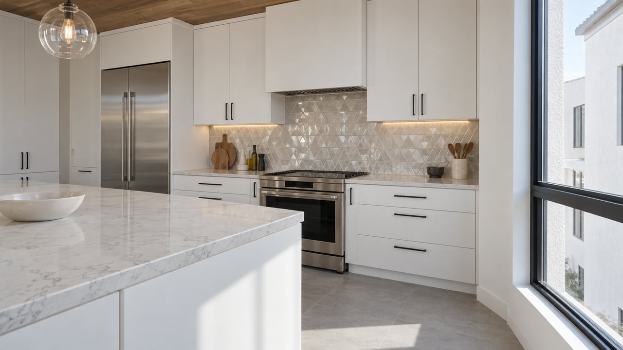 Sunlit condominium kitchen with pale quartz island, white cabinetry, pearl geometric tile and a warm wood ceiling.