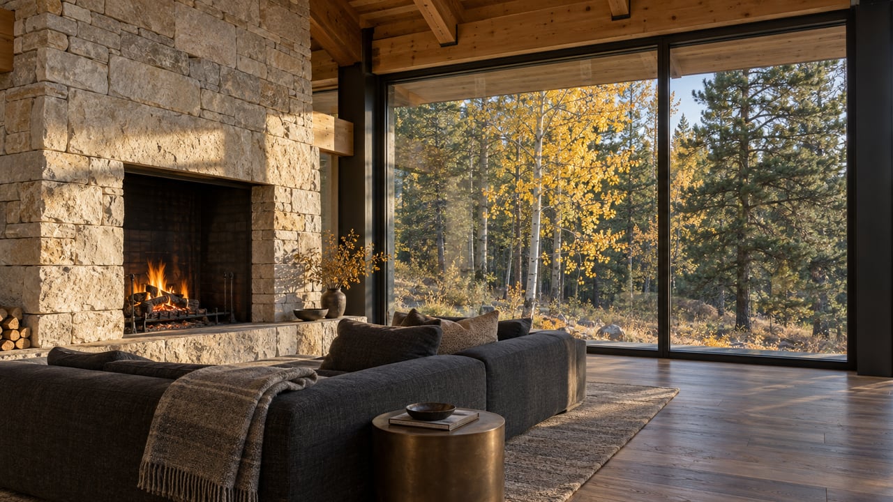 Mountain great room with a limestone fireplace, charcoal sofa, and steel-framed windows overlooking aspen and pine trees.