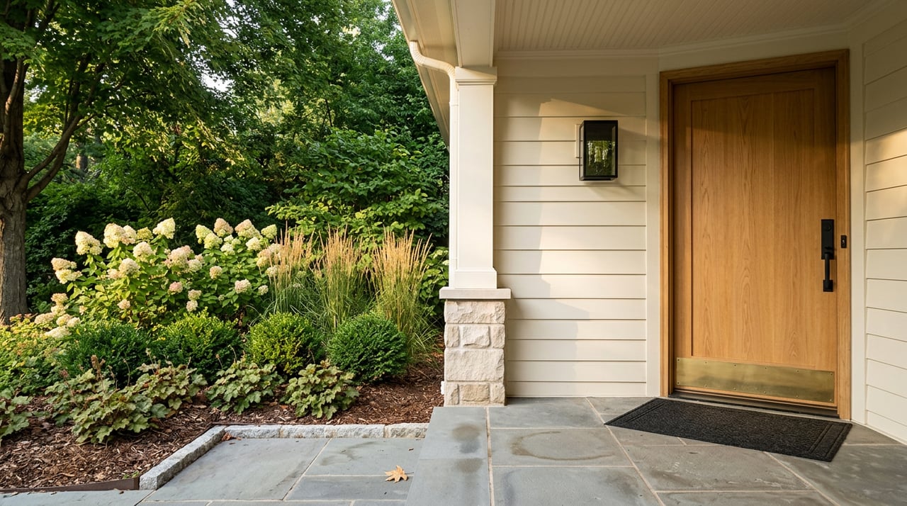 Bluestone porch beside an oak door, with hydrangeas, boxwoods, grasses, and a maple canopy.