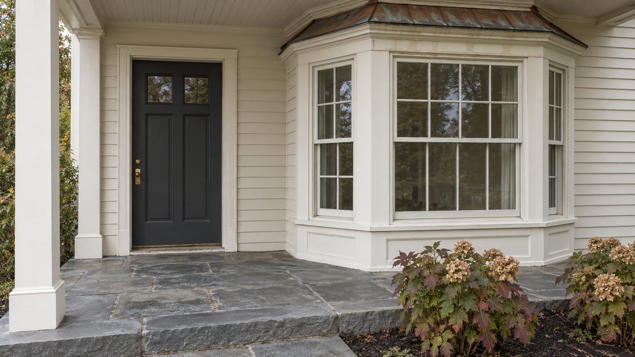 Covered entry with ivory clapboard, a copper-roofed bay window, charcoal door and worn bluestone beside oakleaf hydrangeas.