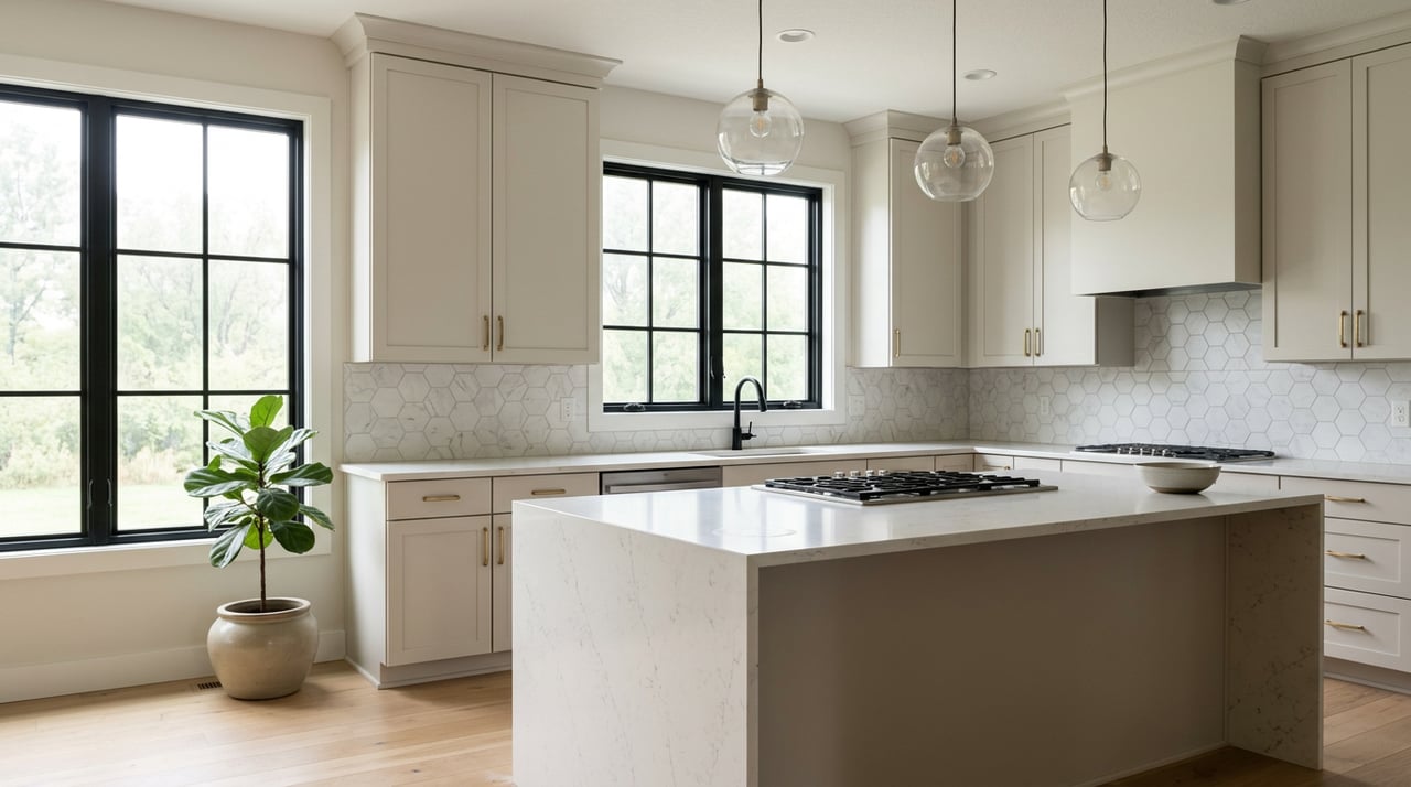 Kitchen island with a gas cooktop, white hexagonal backsplash, globe pendants, and a leafy fiddle-leaf fig by the window.