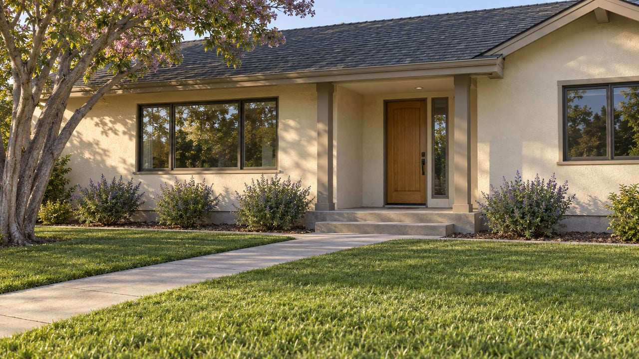 A refreshed single-story stucco house with a deep front lawn, concrete approach and shaded oak entry in warm afternoon light.