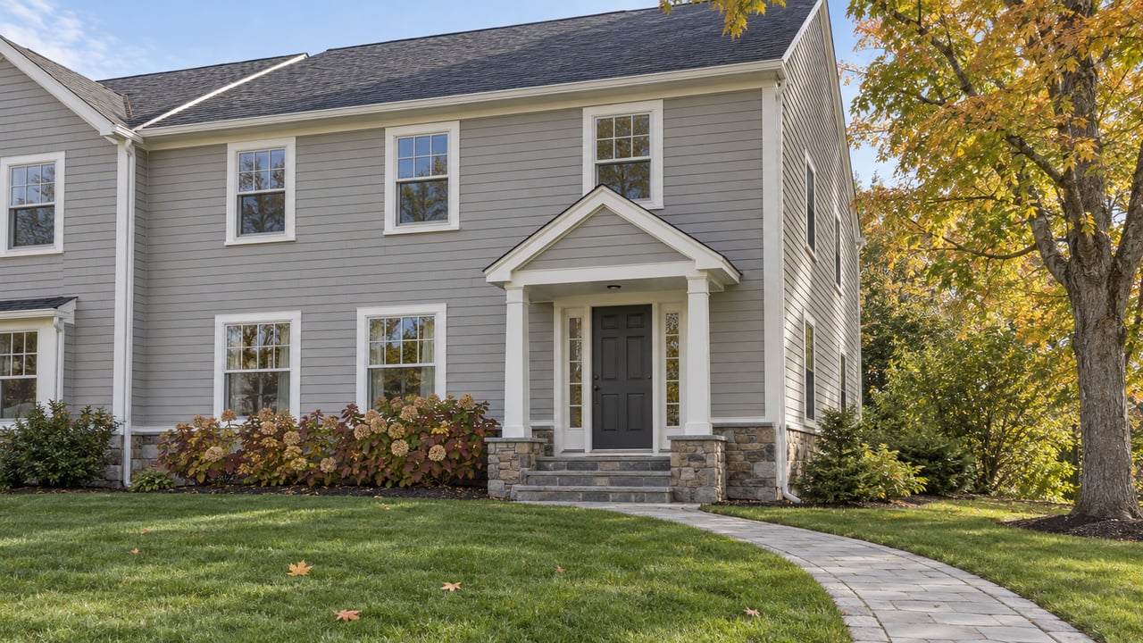 A spacious gray clapboard condominium residence with a private stone entrance, deep lawn and amber maple canopy.