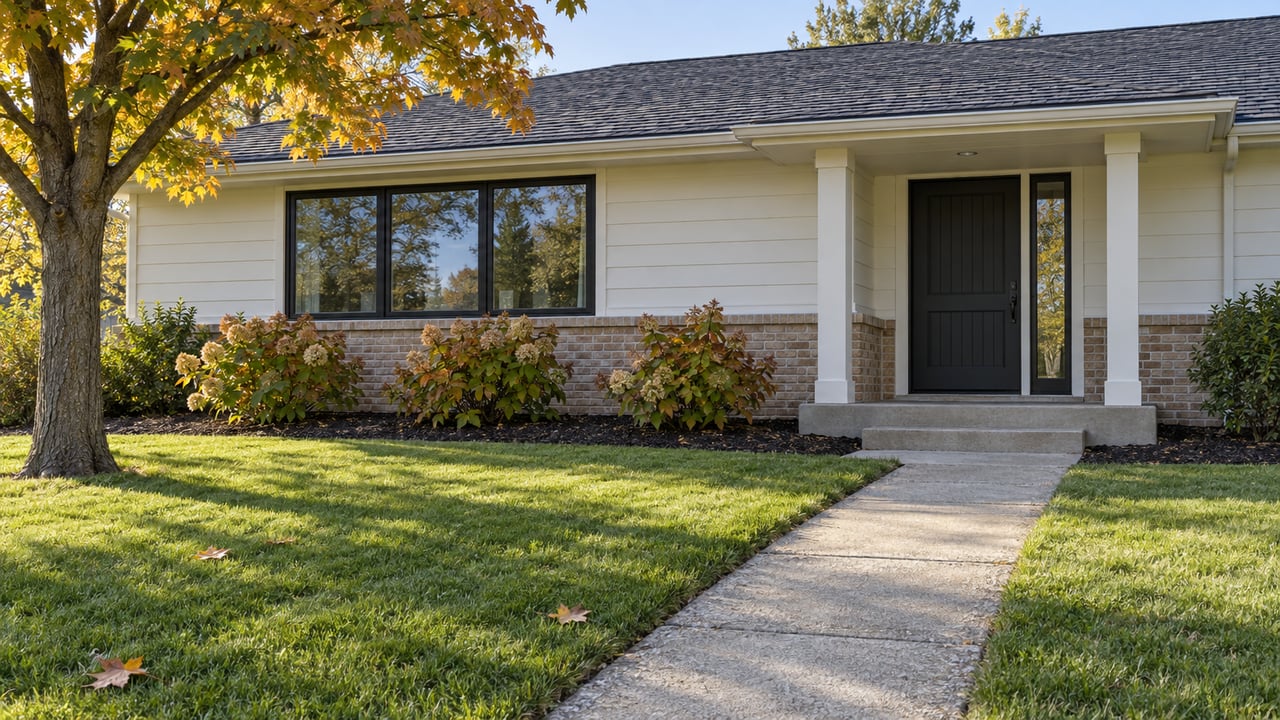 An updated white-sided ranch with black windows, a buff brick base, and a deep autumn lawn beneath an amber sugar maple.