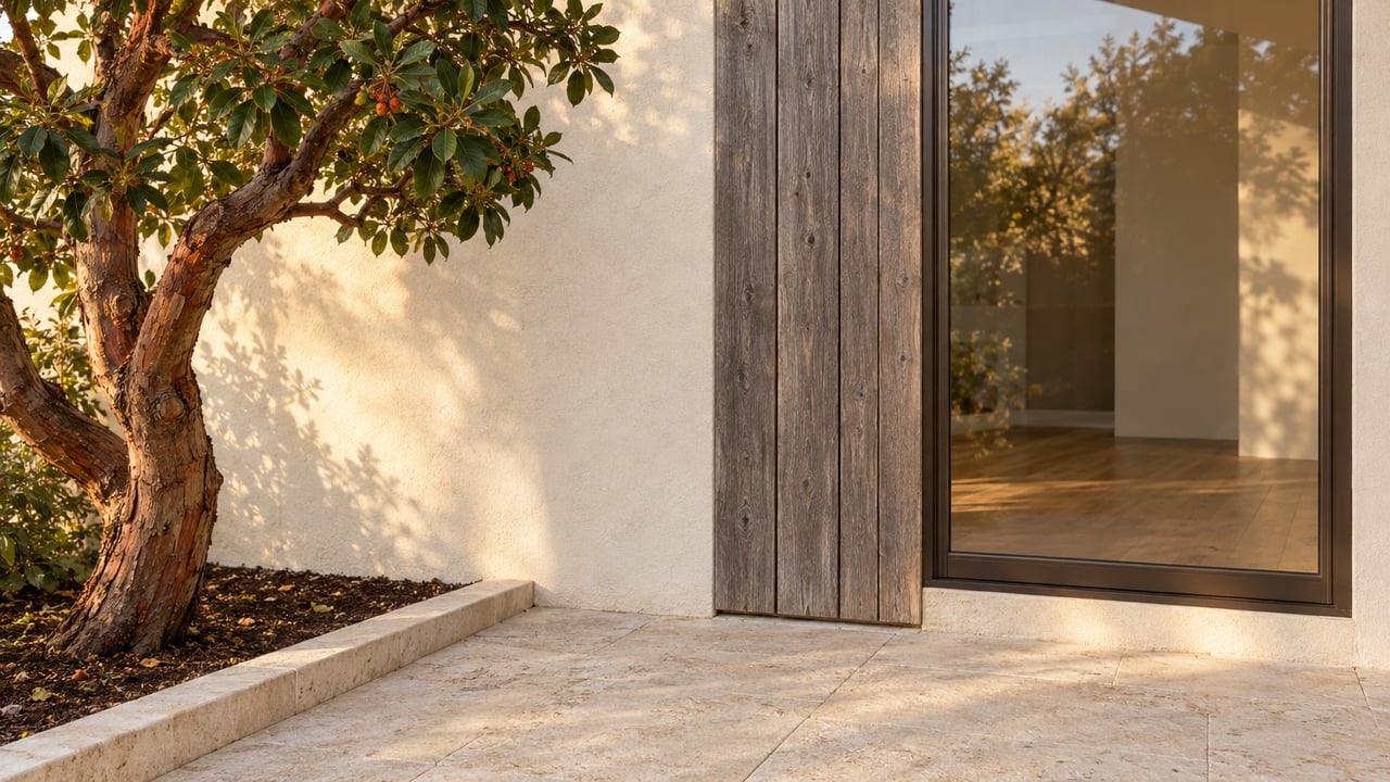 Bronze-framed window and cedar cladding on an ivory stucco facade beside a twisting strawberry tree.