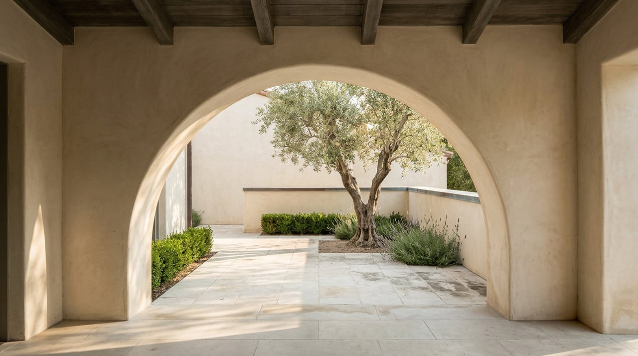Arched portico opens onto a limestone courtyard with an olive tree, boxwood hedge, and lavender.