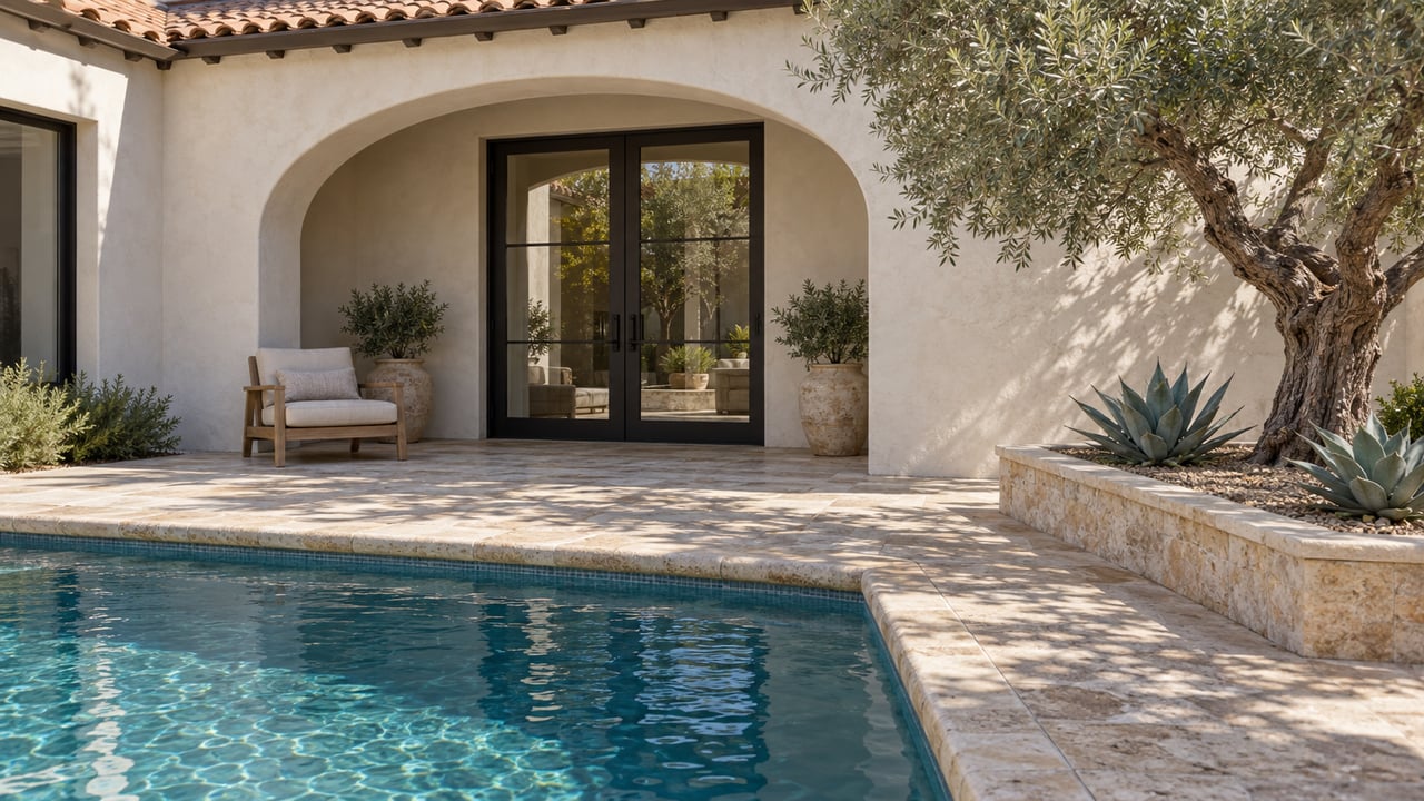 Warm-white stucco courtyard with an arched black-framed doorway, travertine terrace, blue-green pool and a sculptural olive tree.