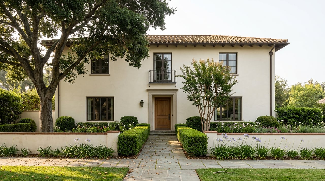 Symmetrical ivory stucco residence with a clay-tile roof, deep lawn, clipped hedges, and a broad oak canopy.