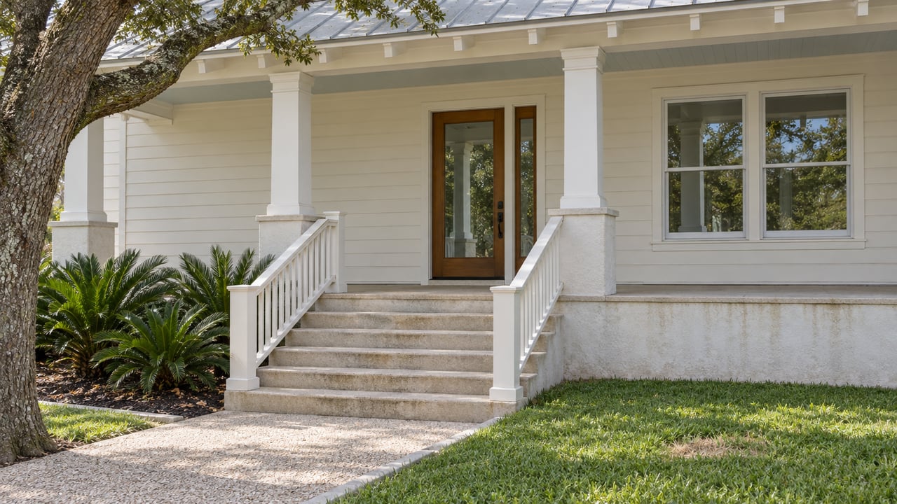 Ivory-sided elevated home with a shaded porch, broad pale concrete steps, oak-framed glass entry and a carefully edged garden.