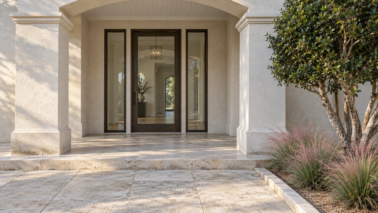Ivory stucco home entry with paired columns, bronze-framed glass door, limestone paving, a yaupon holly and pink muhly grass.