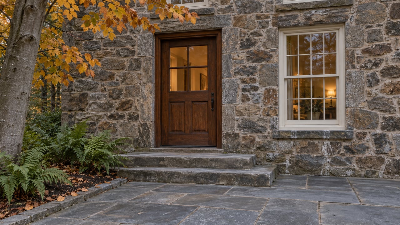 Fieldstone house entrance with a walnut door, ivory-framed window and worn bluestone steps beside copper-yellow beech leaves.