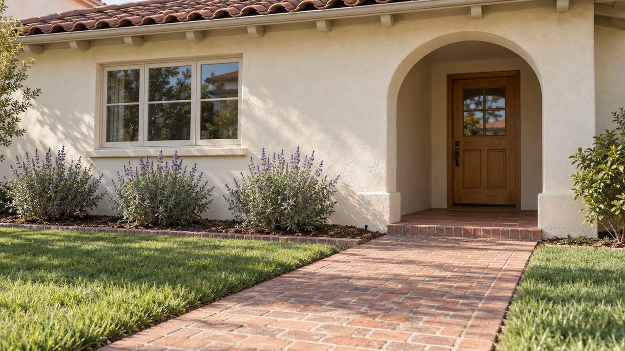 Sunlit ivory stucco home with an arched oak entrance, red clay roof tiles, brick walkway and flowering sage beside a divided-light window.