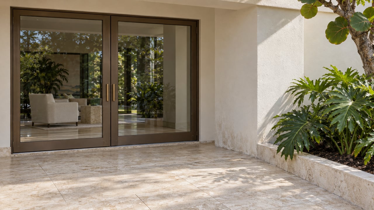 Sunlit limestone terrace beside paired bronze-framed glass doors, a white stucco pier and broad tropical leaves.