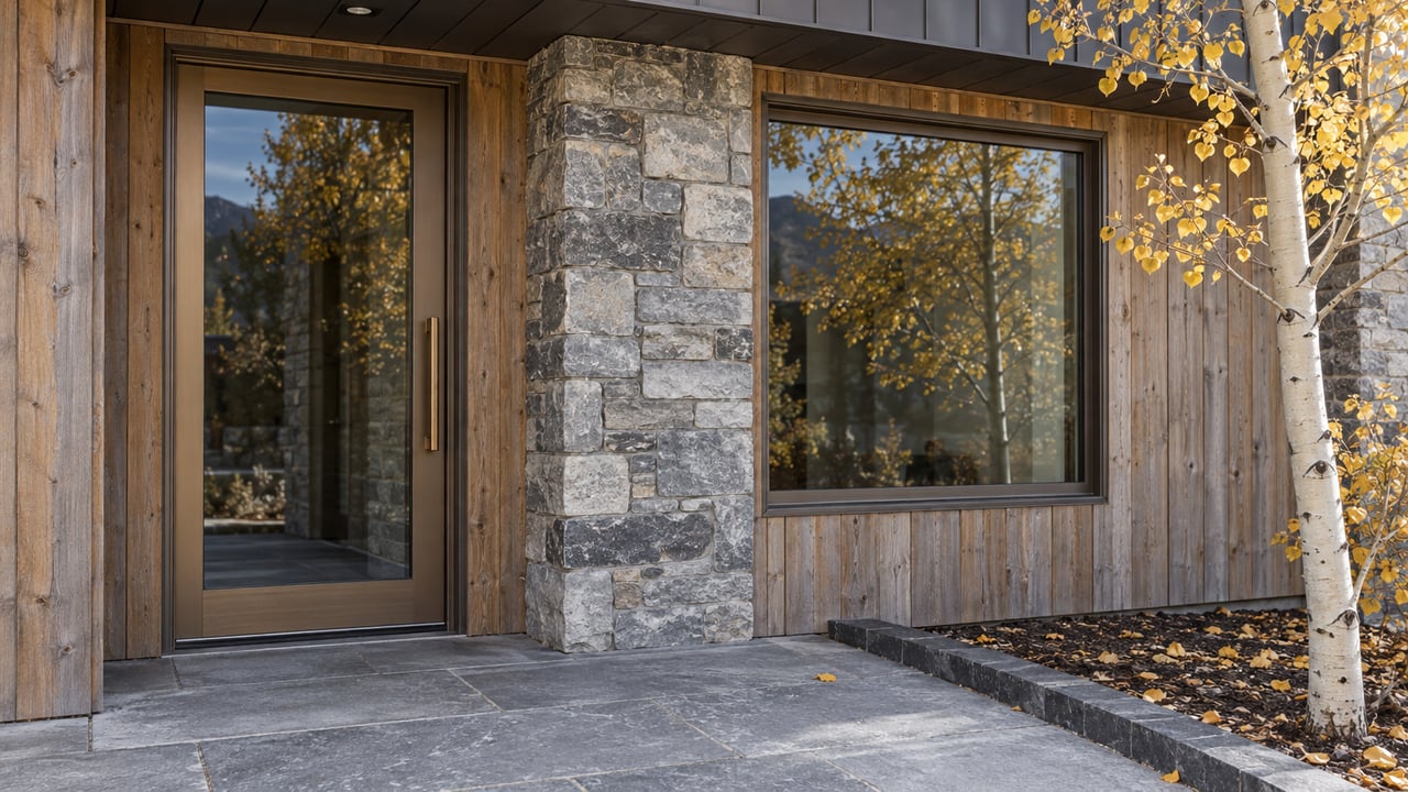 Bronze-framed glass entrance beside a gneiss pier, with golden aspen leaves reflected in the glass.