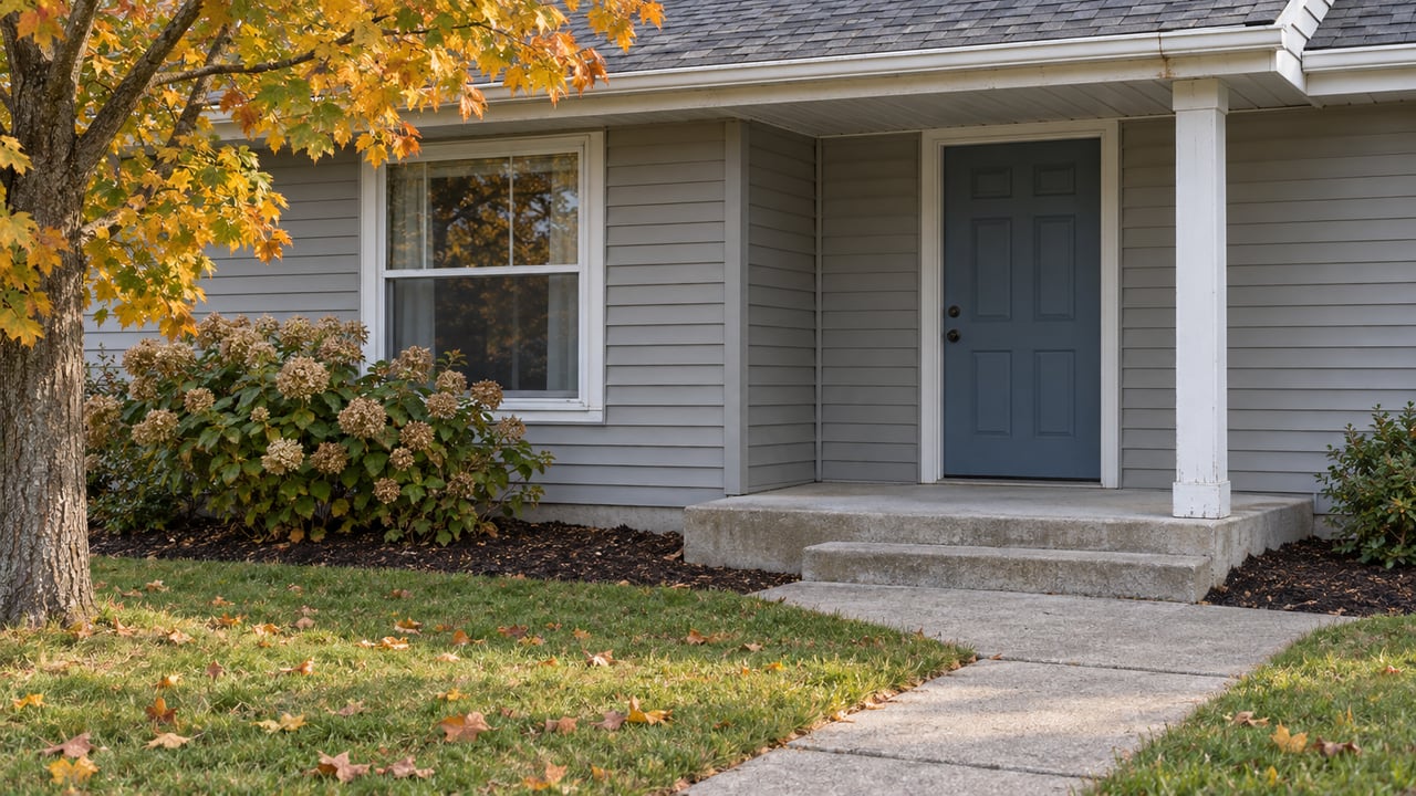 Gray-sided single-story home with a covered concrete porch, blue front door and amber maple leaves on an autumn lawn.