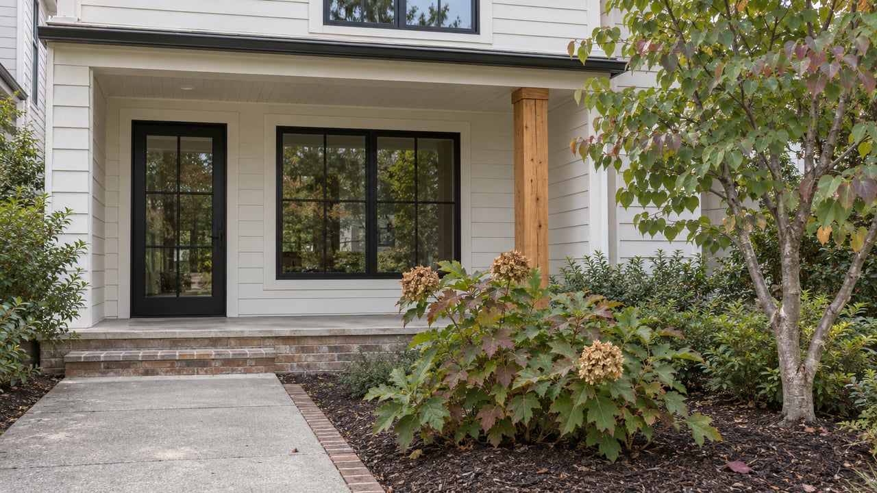 Light-sided attached home with black-framed windows, a cedar porch post, brick steps and an oakleaf hydrangea beside the front approach.