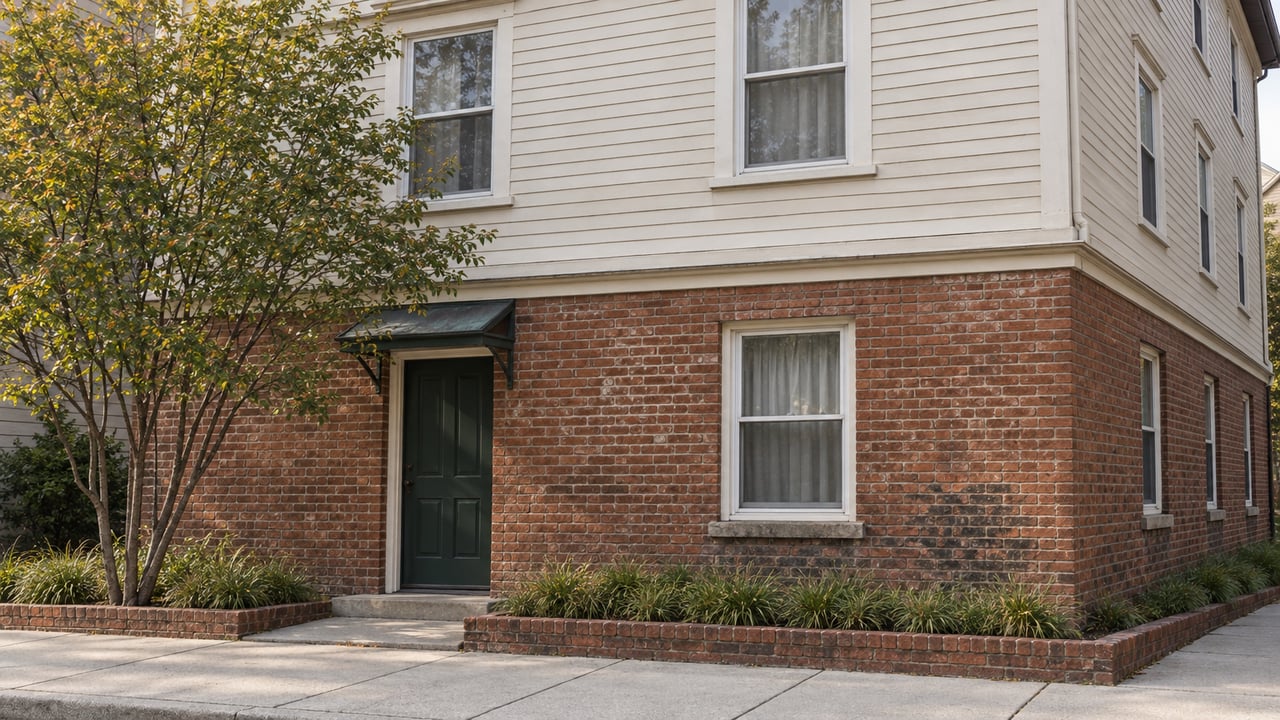 Compact two-story brick and cream clapboard condominium with a green entry door and small sidewalk planting.
