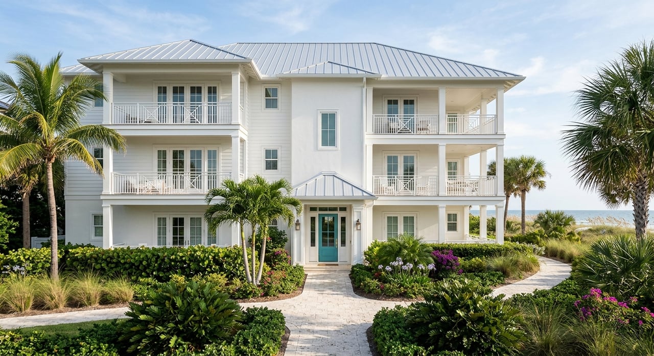 White condo facade with stacked balconies, teal recessed door, shell-stone walkway, and palm-fringed courtyard.