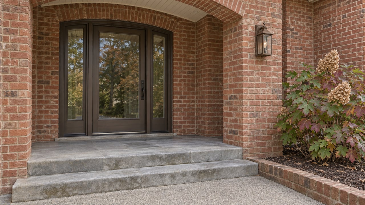 Sheltered brick entry with a bronze-framed glass door, matching sidelights, limestone steps and an oakleaf hydrangea turning burgundy.