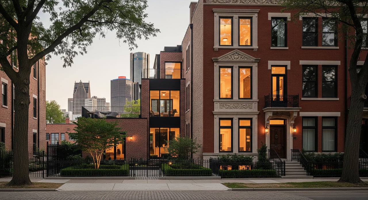 Red-brick townhouses with glowing windows and a fenced garden, framed by trees with city towers behind.