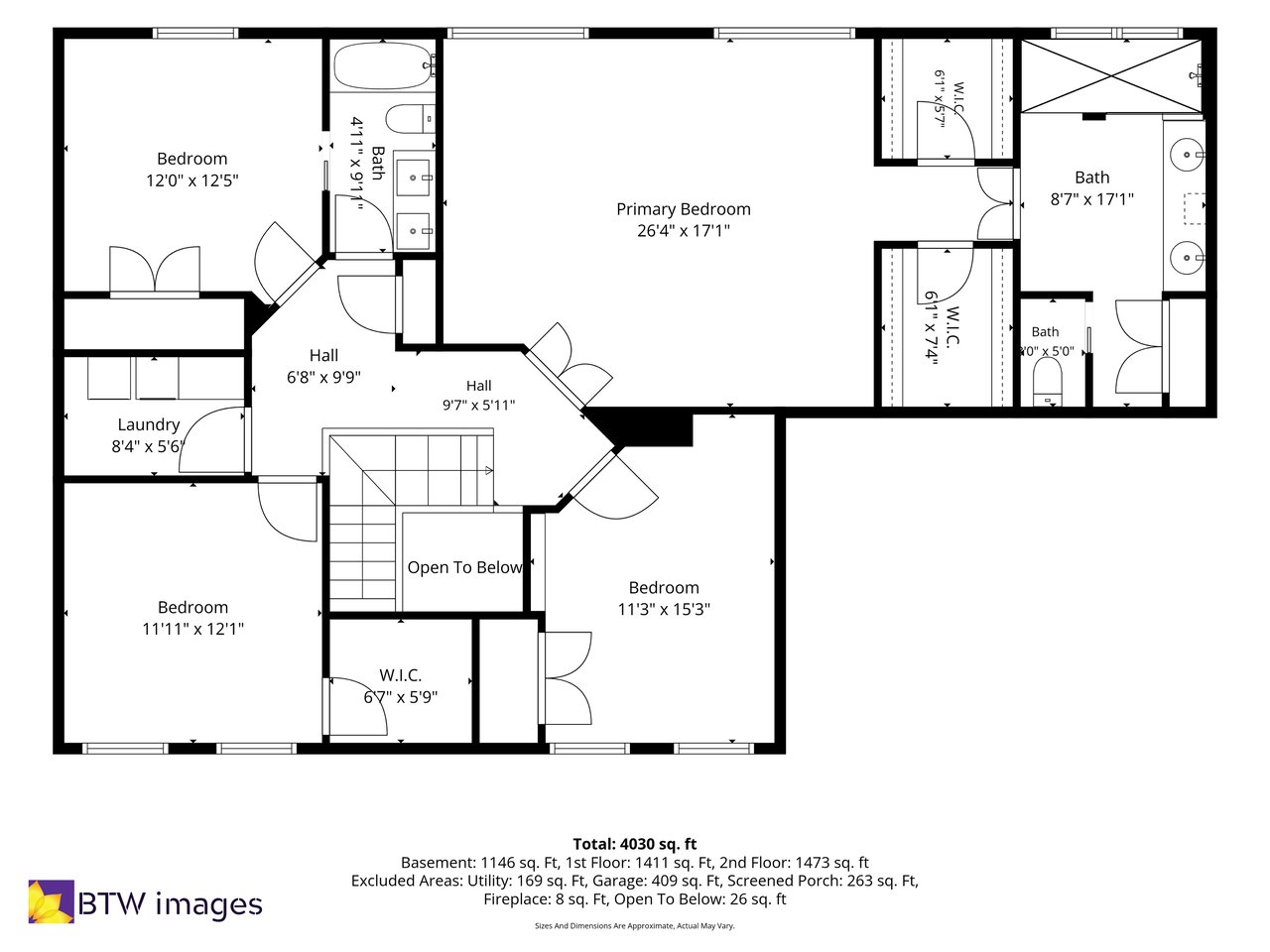 Second-floor plan showing bedrooms, bathrooms, laundry, and an open-to-below area.
