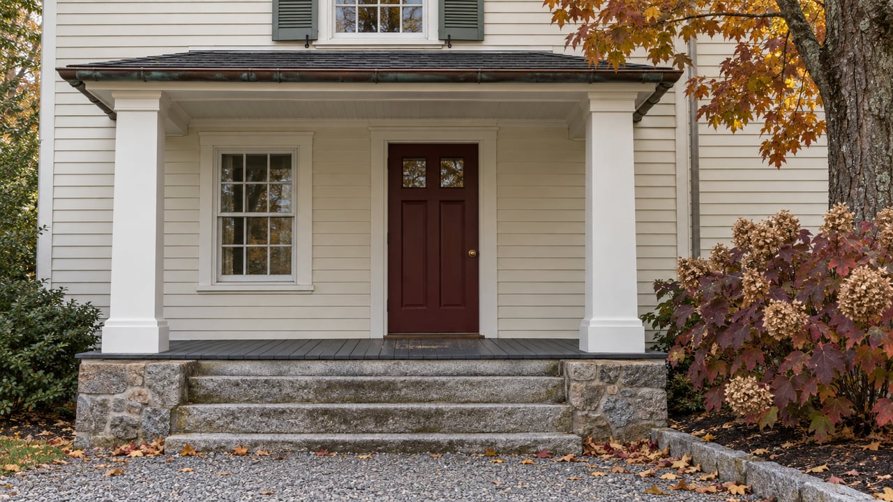 Autumn light on an ivory clapboard house with an oxblood front door, granite porch steps and burgundy oakleaf hydrangea.