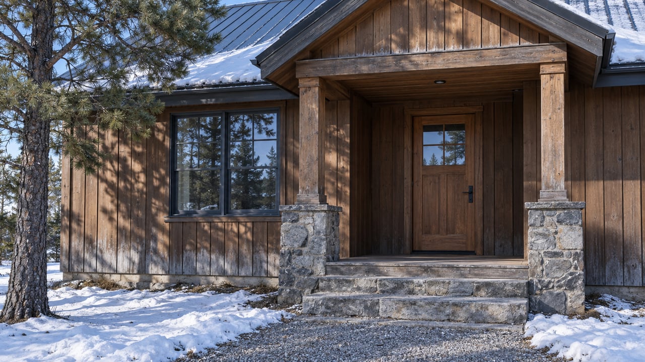 Snow-edged stone steps lead to a covered timber entry with weathered wood siding and a closed glazed door.
