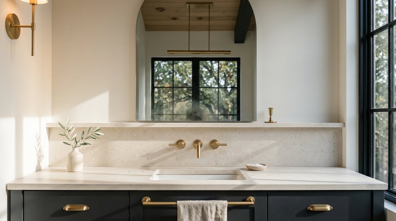 Limestone bathroom vanity with a shallow basin, brass faucet, charcoal cabinets, and an arched mirror reflecting leafy branches.