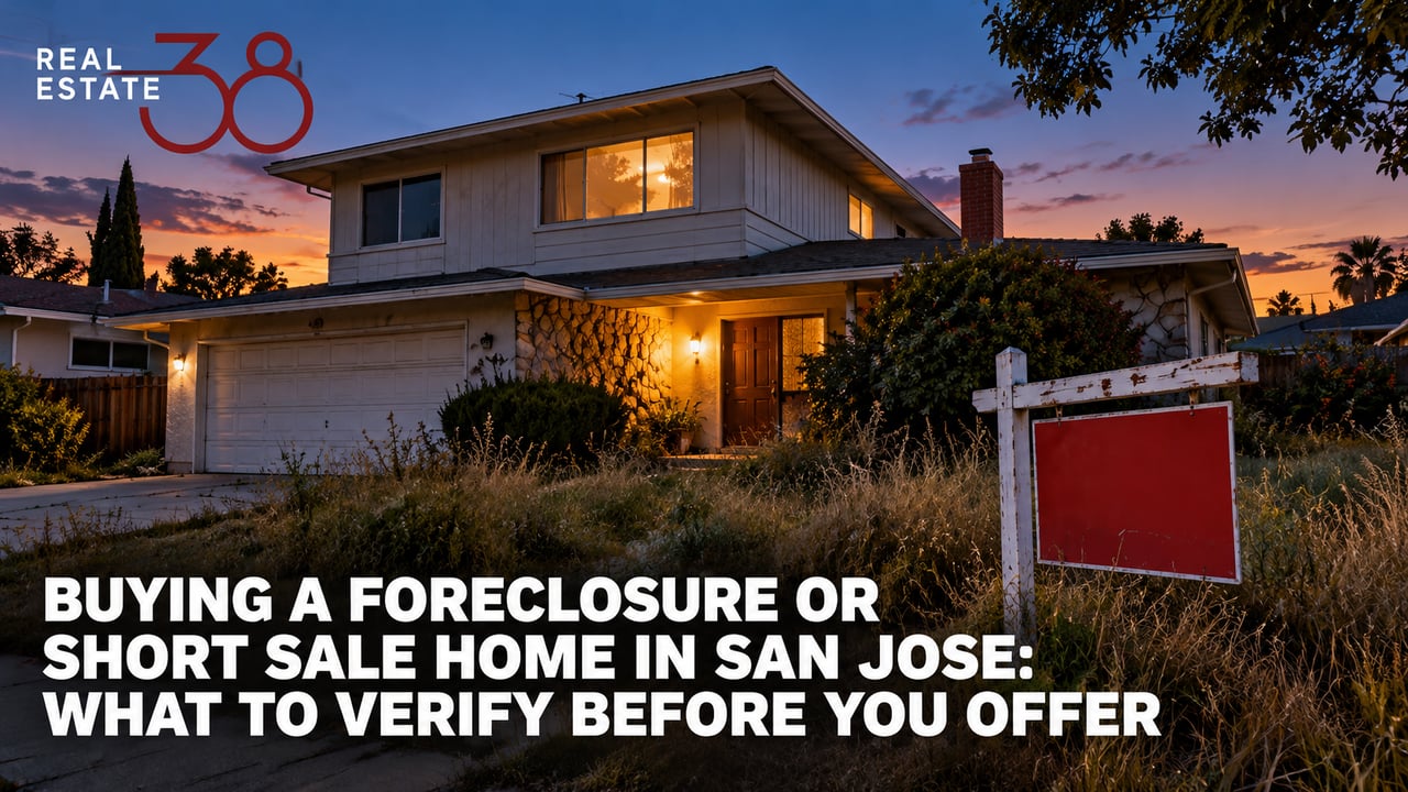 Weathered real estate yard sign in the foreground of a San Jose home at dusk, suggesting a property in transition.