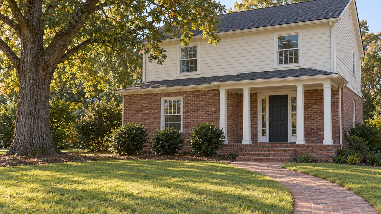 Two-story brick and ivory-sided house with a covered porch, curving brick path, broad lawn, and mature oak.